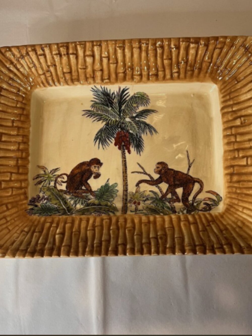 Large Monkey Palm Tree Handled Pottery Ceramic Tray. Bamboo Border Design. D2